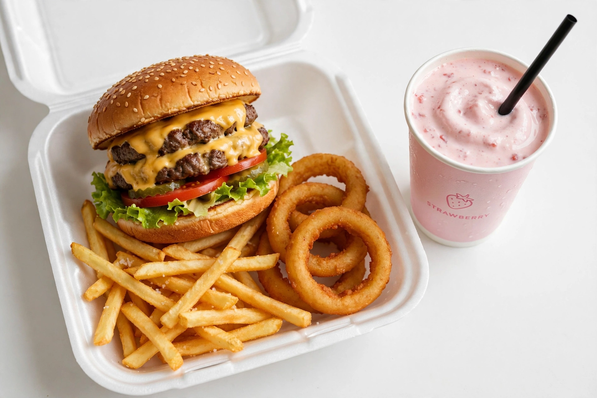 Cook Out burger with fries, onion rings and a shake